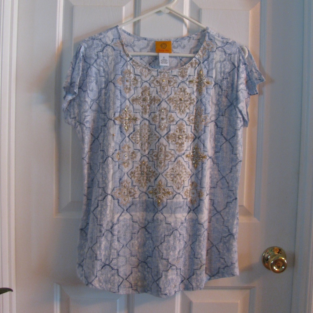 Sty;ish Ruby Rd. Top (Women's Small)- Blue, White & Gold